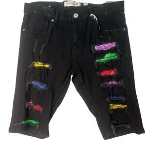Sz 34 Black Distressed Shorts with Colorful Accents